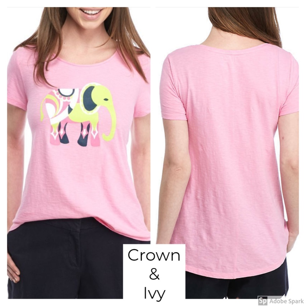 Crown & Ivy Pink Elephant Poetry Short Sleeve Tee Top Size XS New